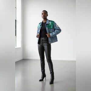 Boohoo Blue Jean Jacket with Green Sequin Accents